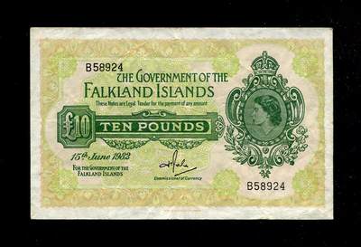12月10号晚上8点 外国纸币自动截拍第71场 - 1982年 福克兰群岛10镑 原票实拍 极美品 稀少