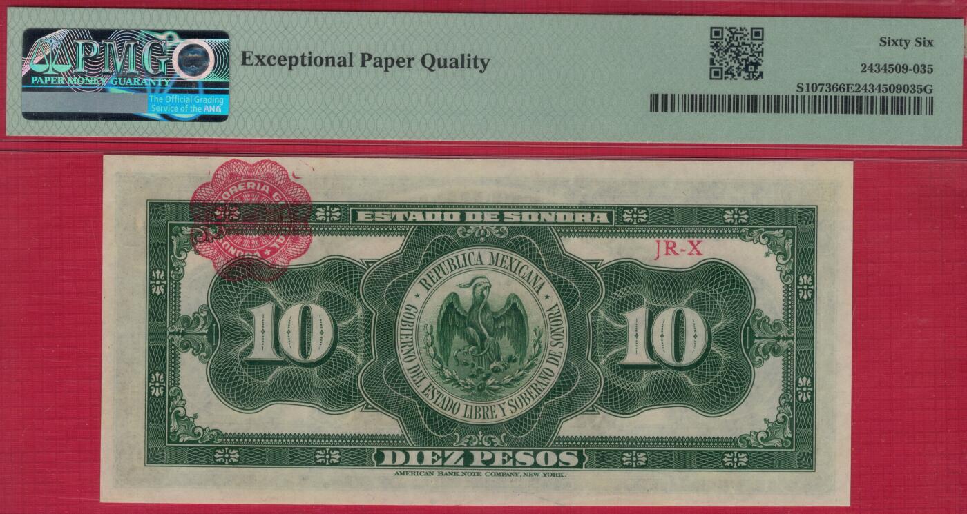 墨西哥革命时期(索诺拉州地方临时货币)1915年10比索 P-S1073 冠军分 数三 实物图 UNC