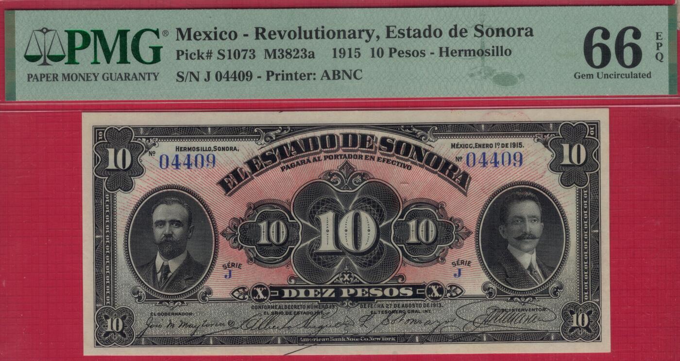 墨西哥革命时期(索诺拉州地方临时货币)1915年10比索 P-S1073 冠军分 数三 实物图 UNC