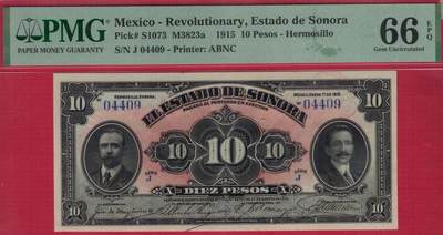 墨西哥革命时期(索诺拉州地方临时货币)1915年10比索 P-S1073 冠军分 数三 实物图 UNC - 墨西哥革命时期(索诺拉州地方临时货币)1915年10比索 P-S1073 冠军分 数三 实物图 UNC