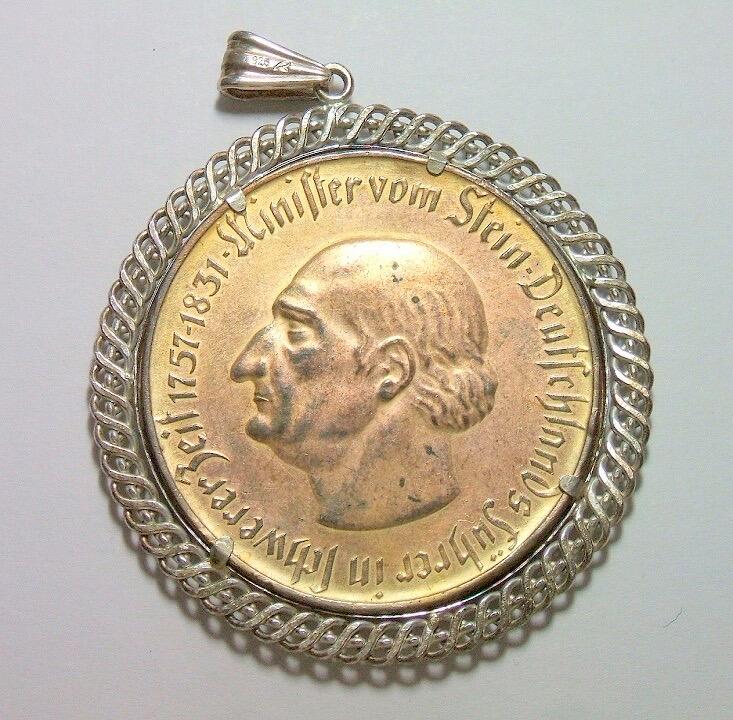 纯手工 德国1923年1万马克镀金大马币 带银环吊坠 55MM 41克