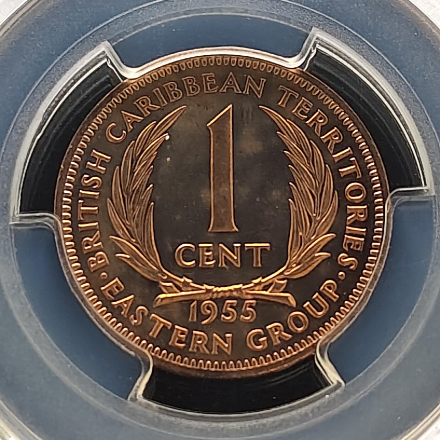 【全场包邮】纯粹捡漏拍485场（免费代拍第22场） 【收藏级·冠军分·稀少】英属加勒比领土1955年1分精制币-量2000-PCGS PR65 RD CAM