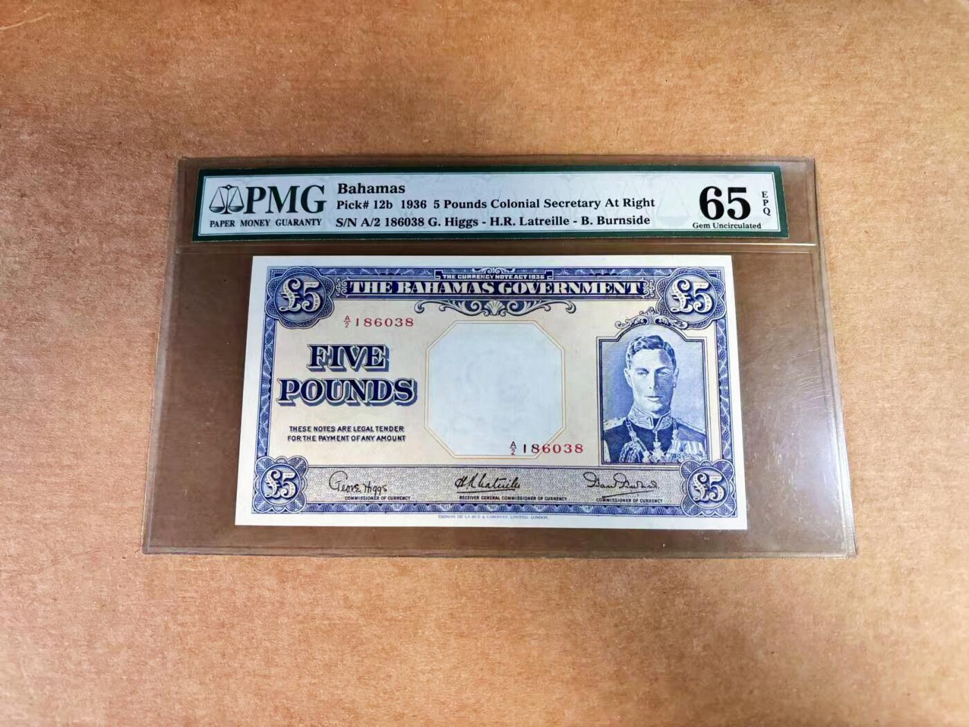 【Blue Auction】世界纸币精拍第760期——18级TOP拍卖/信誉/品质/专业/高效💫 【仅有A/2冠 发行量小 无47】巴哈马 1936年5镑 最高值 英王乔六 PMG65EPQ 老壳 值得收藏