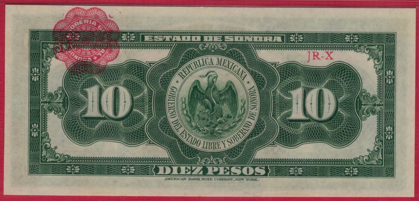 墨西哥革命时期(索诺拉州地方临时货币)1915年10比索 P-S1073 冠军分 数三 实物图 UNC