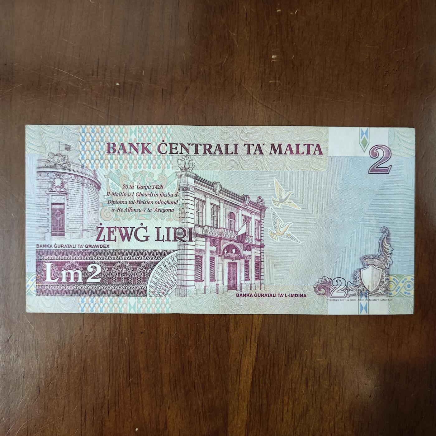 马耳他1967(94)年2里拉纸币 欧洲外国钱币收藏 实拍原图片