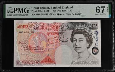 《外钞收藏家》第五百九十二期（精选场）（本平台长期征集拍品、欢迎藏友们联系合作） - 1994年英国E序列50镑 PMG67 倒置号