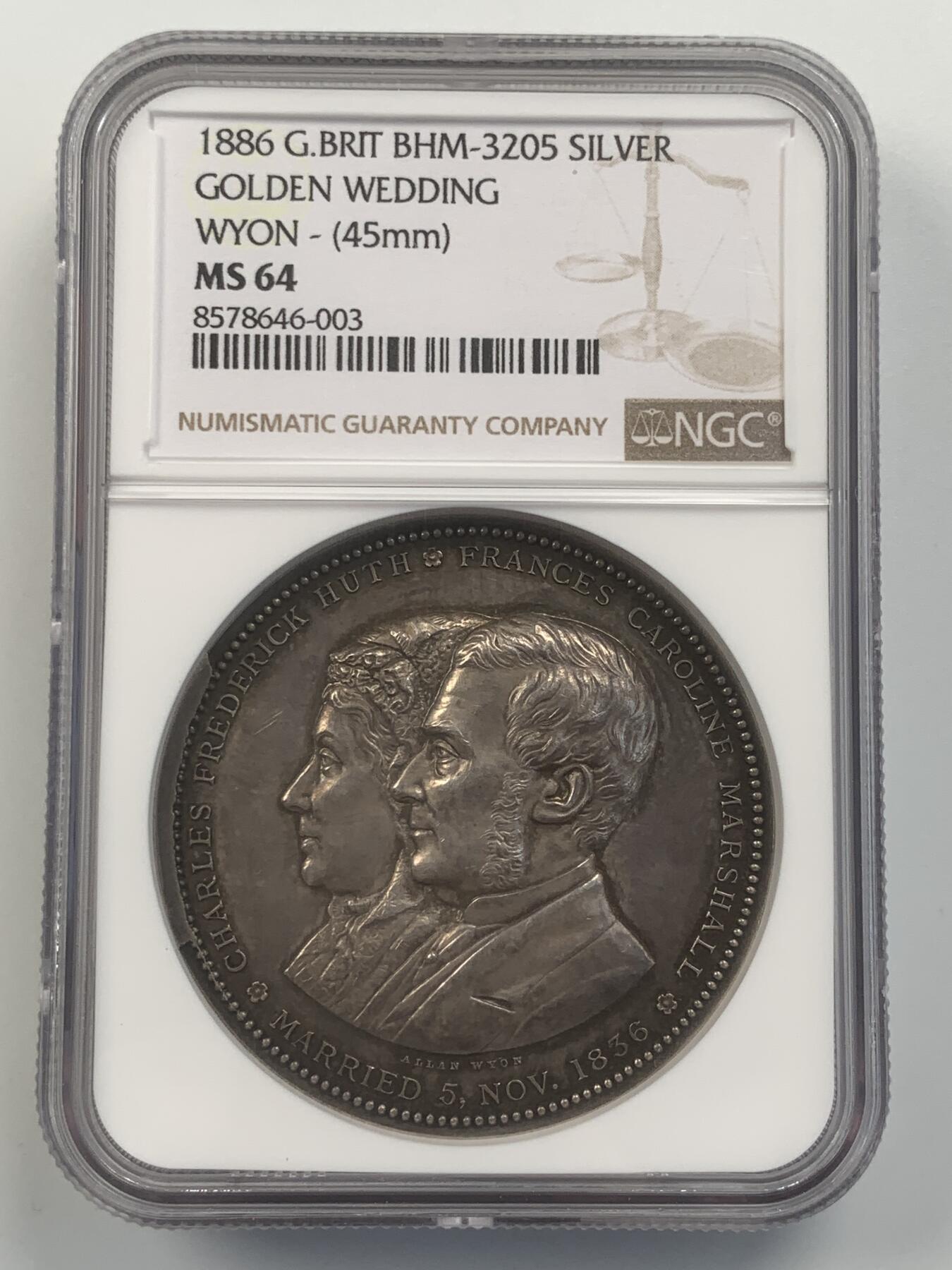 掌中浮雕-藏着的欧洲第045场 NGC MS64 : 1886年银行家查尔斯.弗雷德里克.胡特和弗朗斯.卡罗琳.马歇尔金婚纪念银章，45mm，BHM记录银章仅铸造15枚