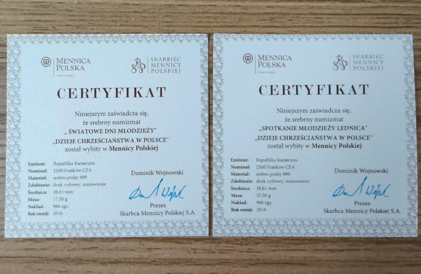 第184期拍卖 喀麦隆2016年，基督教世界青年节套装-世界青年日(波兰克拉科夫)+世界青年会议(波兰莱德尼察), 两枚完整全套装. 彩色精制纪念银币. 盒证全.(此套装共2枚,两枚币彩色面图案相同，非彩色面图案不同). 少见稀有漂亮银币套装. 实物超级精美漂亮. 国外售价315+美元.