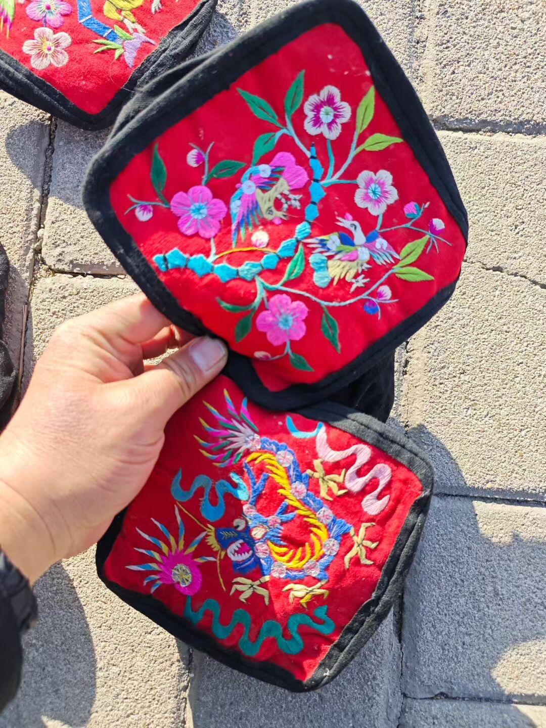 民国时期老刺绣片6个，品相好，纯手工刺绣，见图示