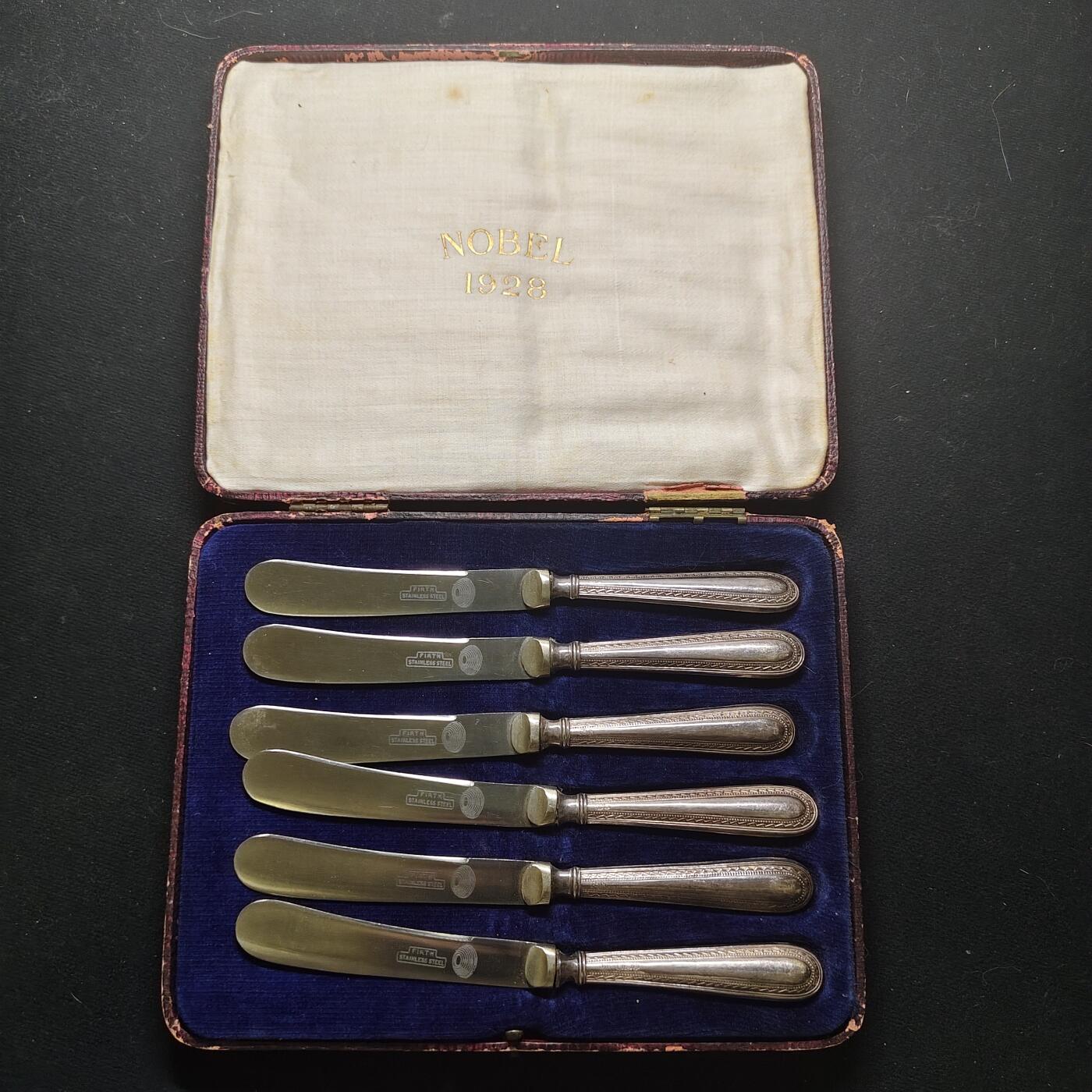 【全场包邮】纯粹捡漏拍485场（免费代拍第22场） 【杂件】英国诺贝尔1928年银手柄不锈钢黄油刀整盒6把一套盒装