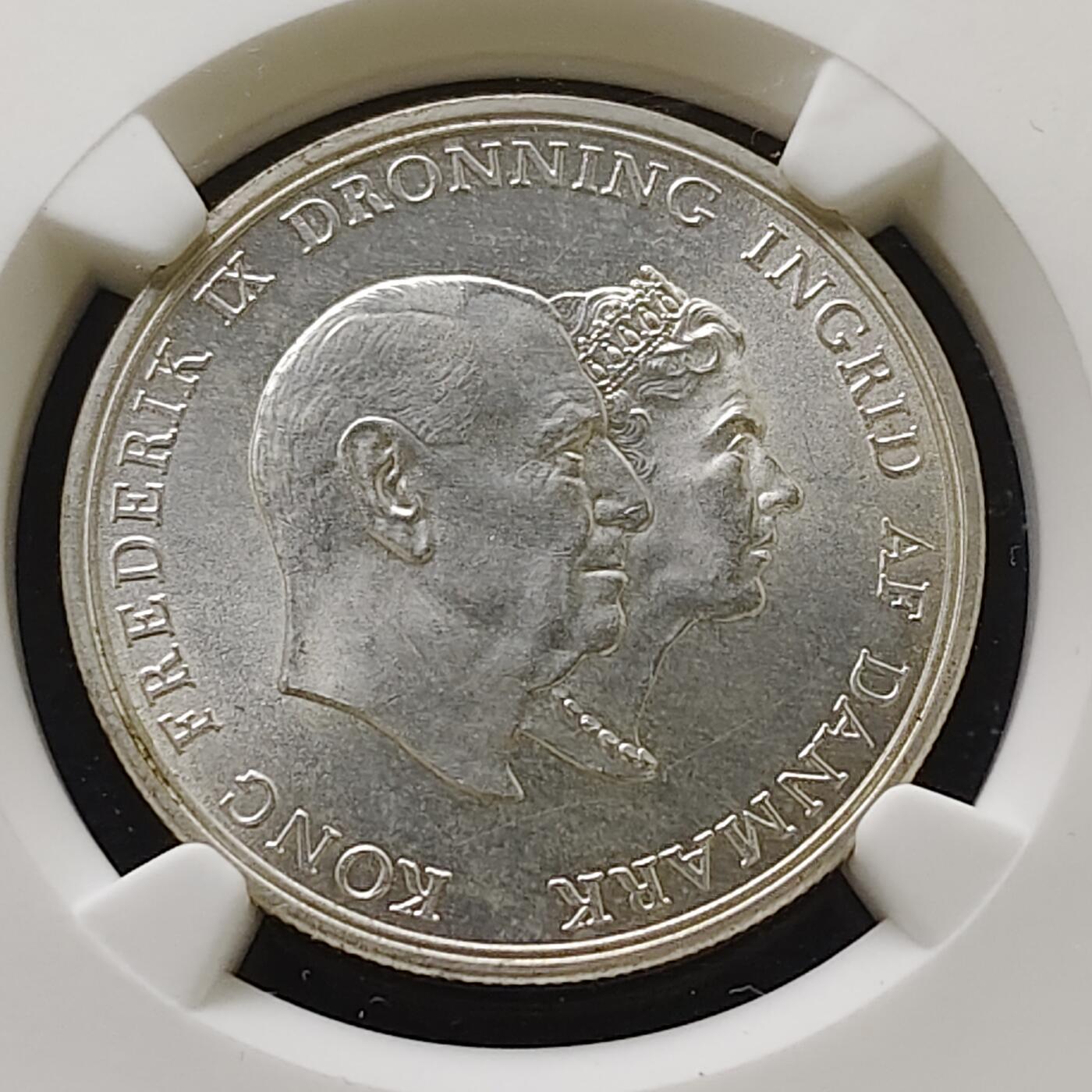 【全场包邮】纯粹捡漏拍485场（免费代拍第22场） 丹麦1960年5克朗弗雷德里克九世银婚纪念日纪念银币-NGC MS62