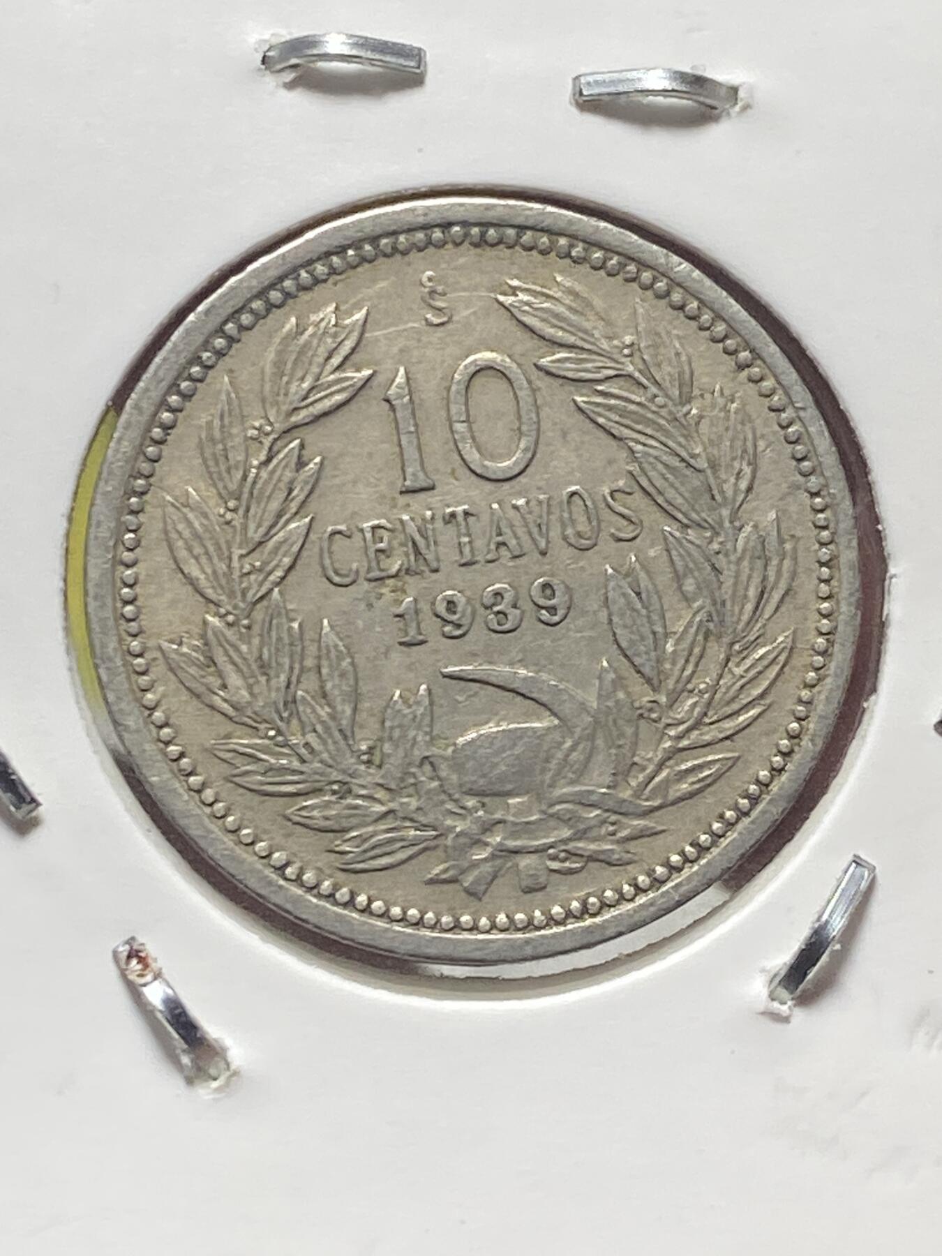 2025年第一百三十五场(总第一百六十一场）外国好品纸夹散币场(免佣金) 流通好品–智利🇨🇱1939年10分