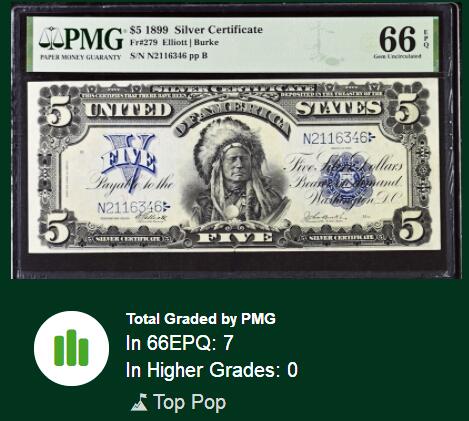 【Blue Auction】世界纸币精拍第760期——18级TOP拍卖/信誉/品质/专业/高效💫 【冠军分 少见fr】美国 1899年5美金“酋长券” PMG66EPQ 在“最伟大美元纸币”中排名第十（纸币正面印有印第安苏族汉克帕帕部落酋长的肖像，象征美国西部文化。由美国雕版大师 G.F.C.Smilie雕刻，以其细腻的点线技法展现羽毛冠和面部细节，被誉为纸币雕刻的杰作）老美金收藏绕不开的一张经典 大票幅 