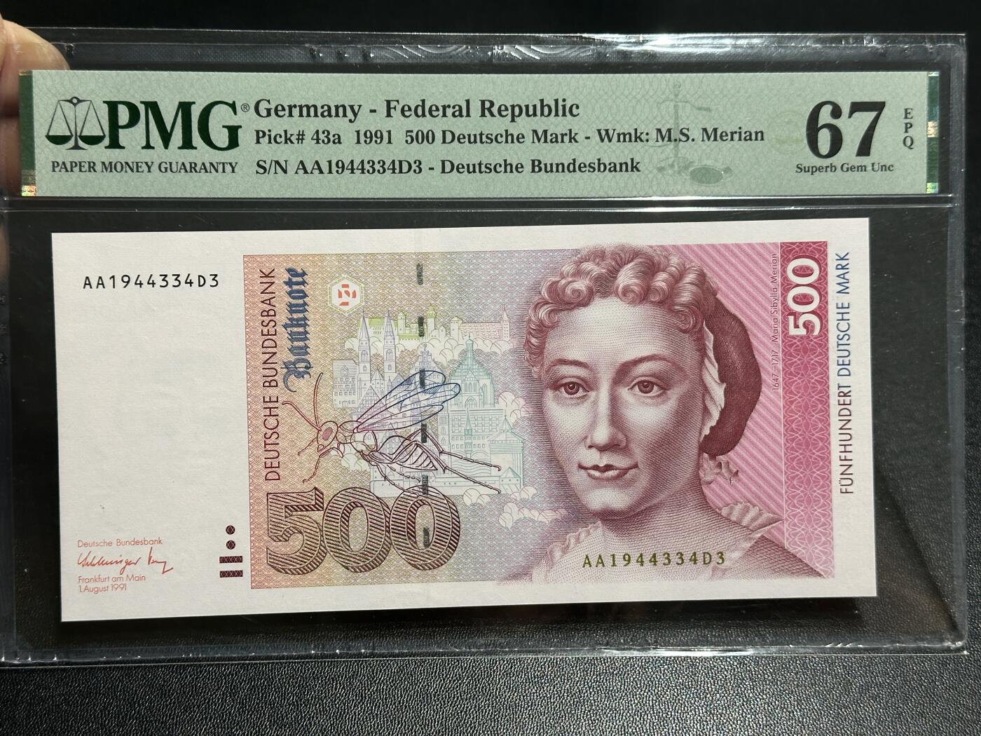 《外钞收藏家》第五百九十二期（精选场）（本平台长期征集拍品、欢迎藏友们联系合作） 德国1991年500马克著名女画家梅里安PMG67（AA字冠）