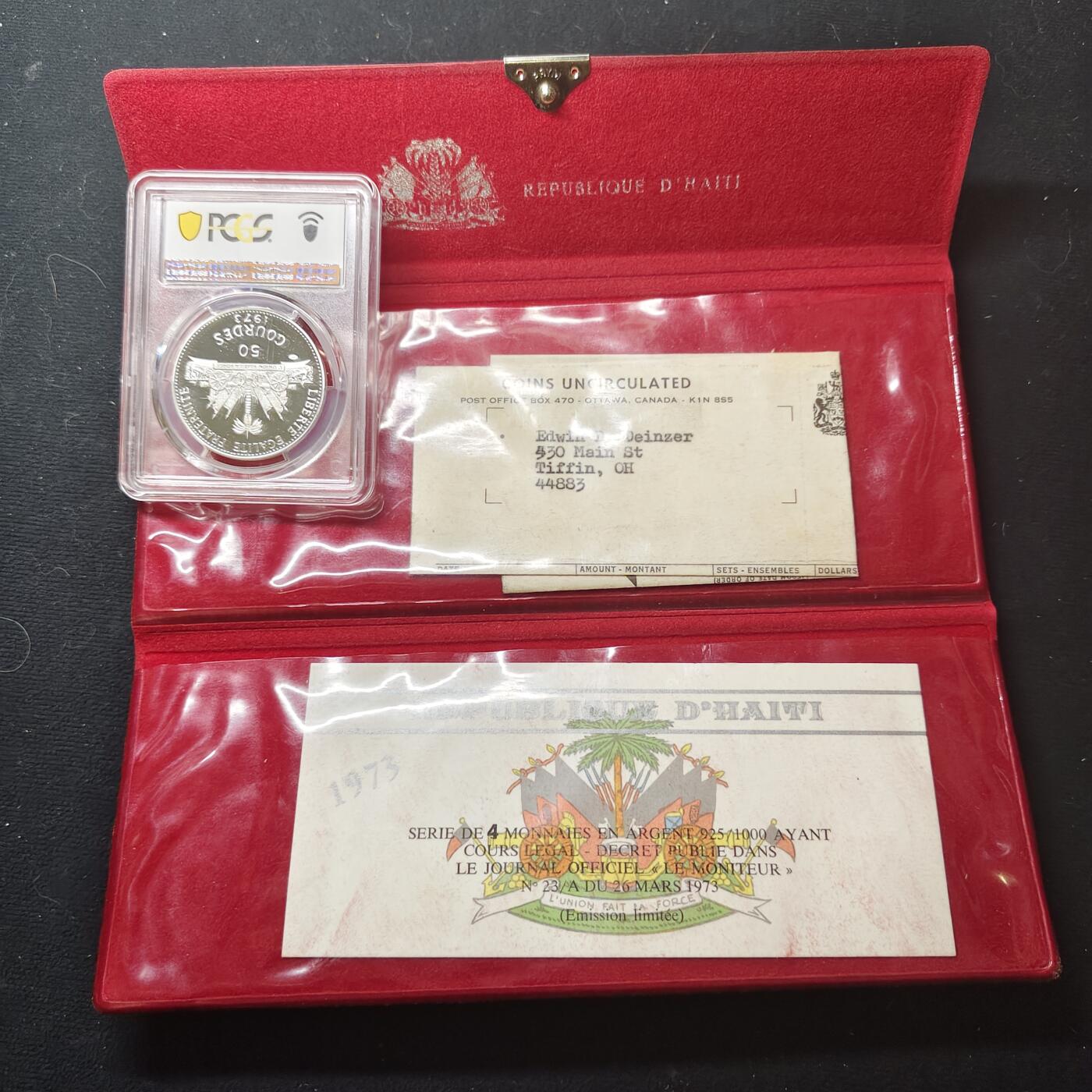 【全场包邮】纯粹捡漏拍485场（免费代拍第22场） 【少见】海地1973年50古德母与子精制纪念银币-量5853-盒证全-PCGS PR68 DCAM