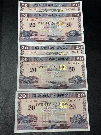 《外钞收藏家》第五百九十二期（精选场）（本平台长期征集拍品、欢迎藏友们联系合作） - 北爱尔兰阿尔斯特银行 20镑 三个年份 5张一起 AU左右品相
