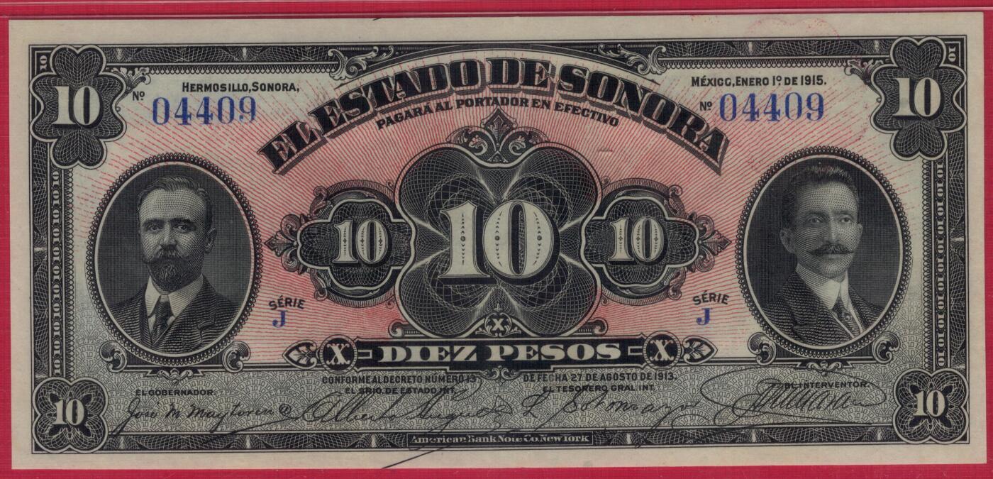 墨西哥革命时期(索诺拉州地方临时货币)1915年10比索 P-S1073 冠军分 数三 实物图 UNC