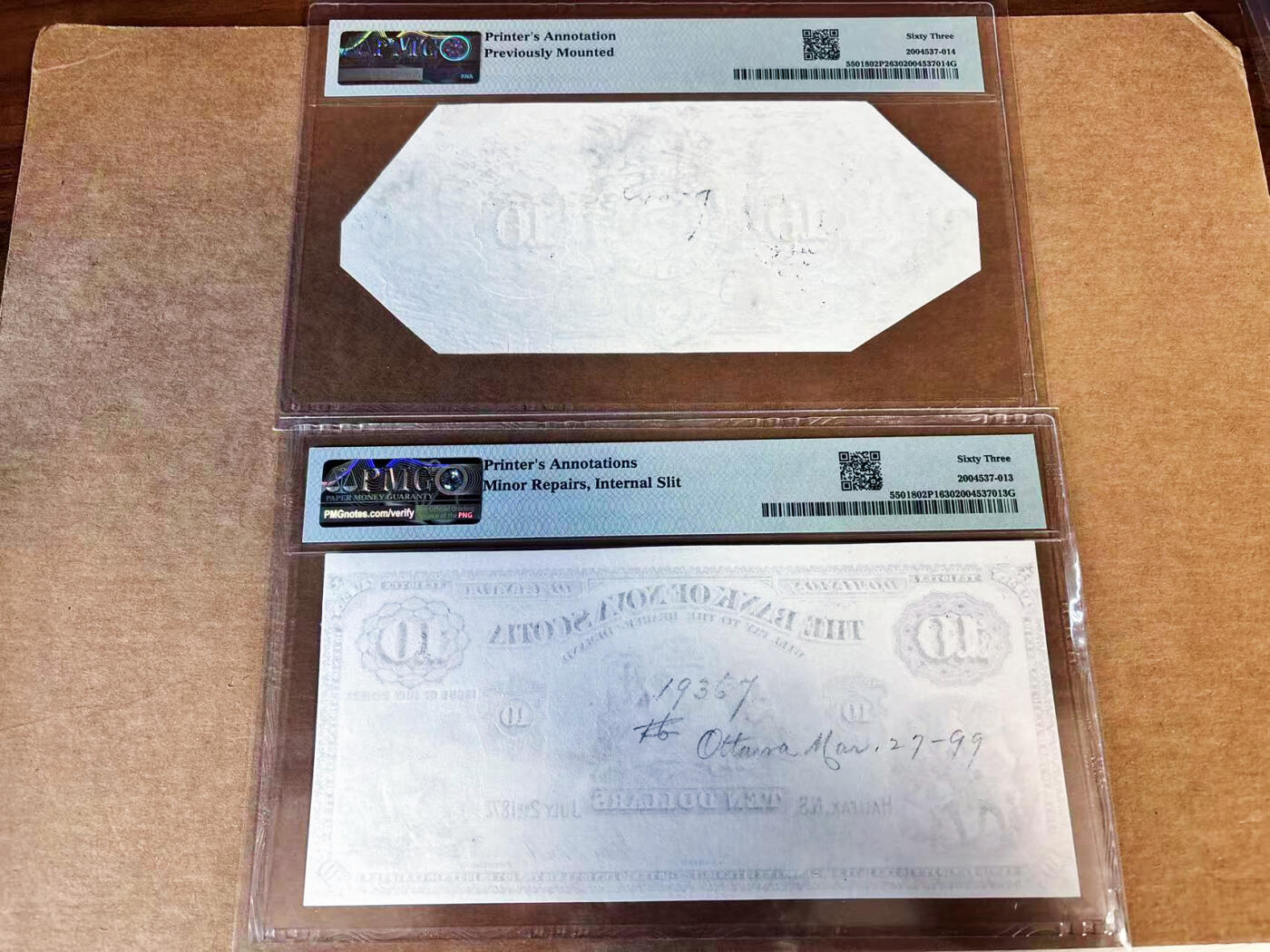 【Blue Auction】世界纸币精拍第760期——18级TOP拍卖/信誉/品质/专业/高效💫 【唯一冠军 唯一记录 正背面PROOF一对 含签名】加拿大丰业银行1877年10元 纹章中独角兽和圣安德鲁十字源自1625年苏格兰王室查理一世对这片土地宣誓主权 矿工、印第安人和哈利法克斯港风暴中的航船象征征服自然 雕刻精细 该银行属加拿大五大行之一 PMG63 