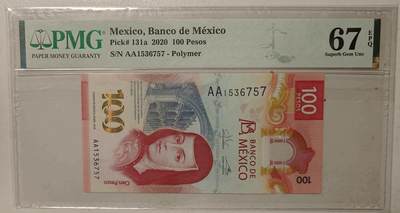 【礼羽收藏】🌏世界钱币拍卖第115期 - 2020年墨西哥100面值 塑料钞 AA首发冠 获奖钞 PMG67分 无4