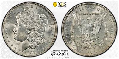 博洋堂藏家专场系列之美国钱币白金之夜专场②暨第152期（全场包邮）  - PCGS MS64 美国1903 摩根 此年超过95%的产量在原封币袋中就被销毁 因此这个本应常见的年份 其未流通品相意外地变得极其稀有和珍贵 此枚铸打精美 十字转光 收藏好品-2
