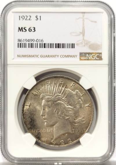 博洋堂世界钱币拍卖第151期（全场包邮） - NGC MS63 美国1922年和平银币，黄油光包浆，转光好品，很舒服的状态。
