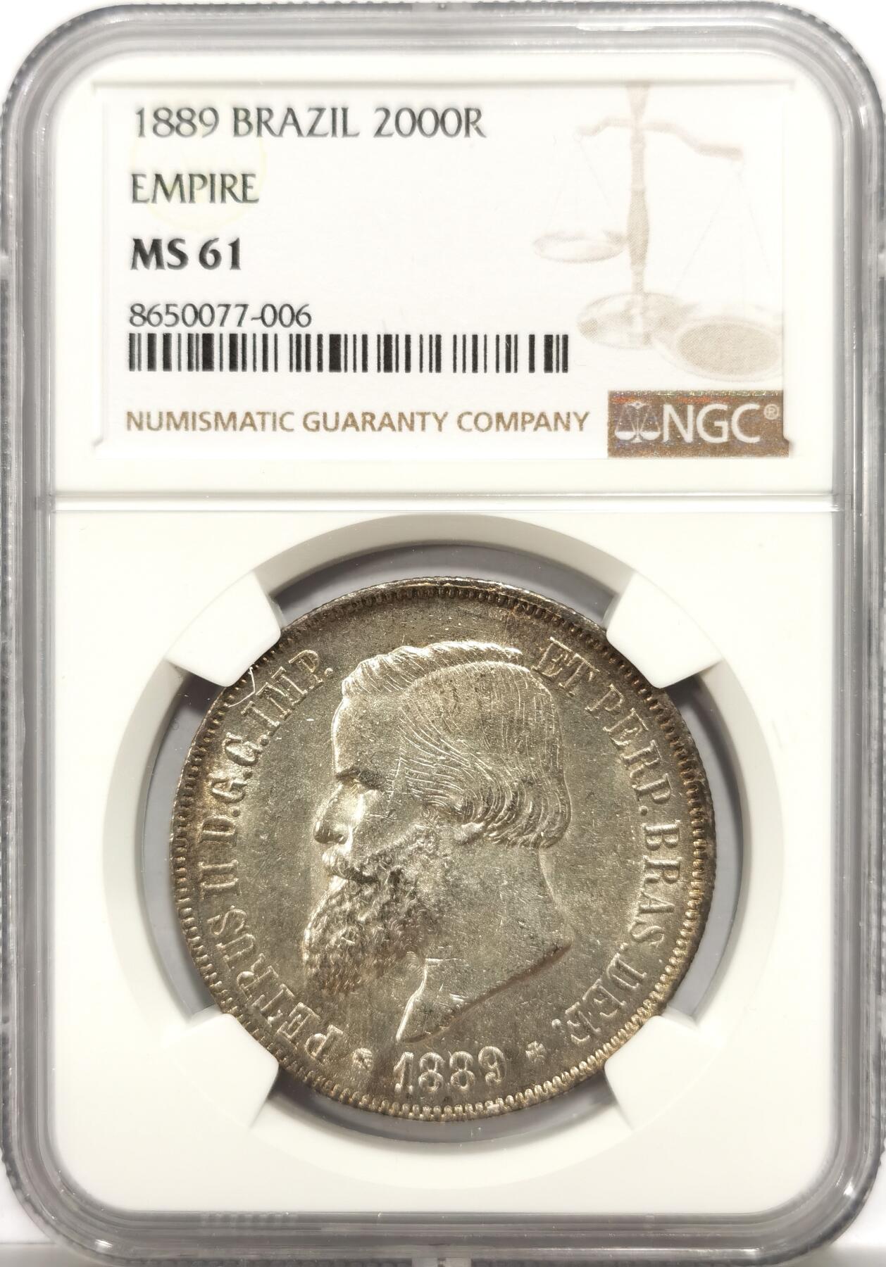 博洋堂世界钱币拍卖第151期（全场包邮） NGC MS61 巴西1889年佩德罗二世2000瑞斯 转光强 细节清晰