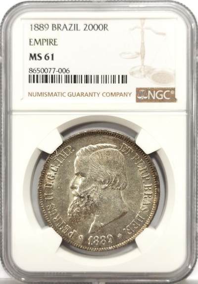 博洋堂世界钱币拍卖第151期（全场包邮） - NGC MS61 巴西1889年佩德罗二世2000瑞斯 转光强 细节清晰