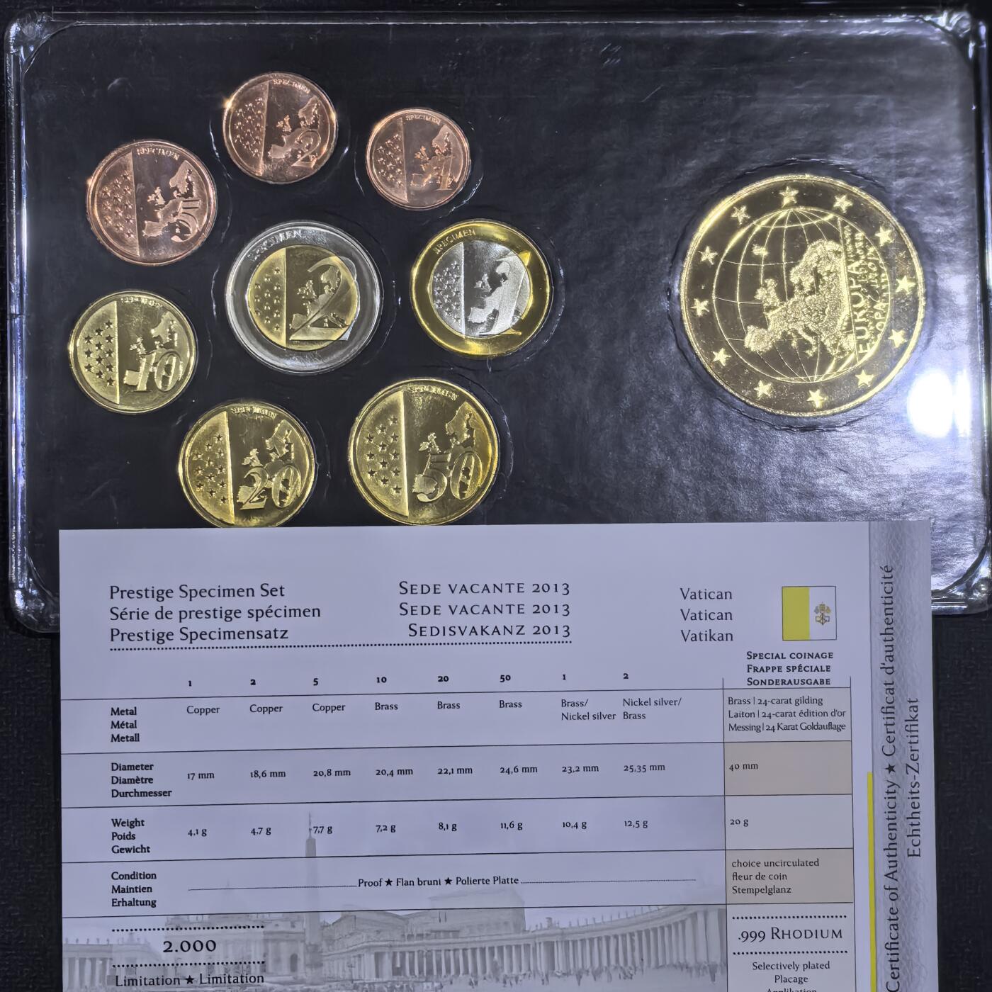 道一币馆币章第一百五十八场 原盒证 梵蒂冈2013年欧元样币8枚+纪念章 镀金镀银