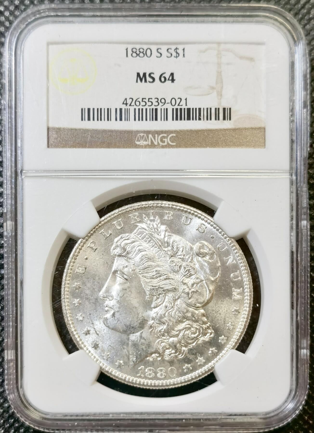 甄臻铺-世界币章拍卖（第43期）送拍享返佣金等优惠多多 NGC-MS64 1880年S版摩根，币面干净，PL质感