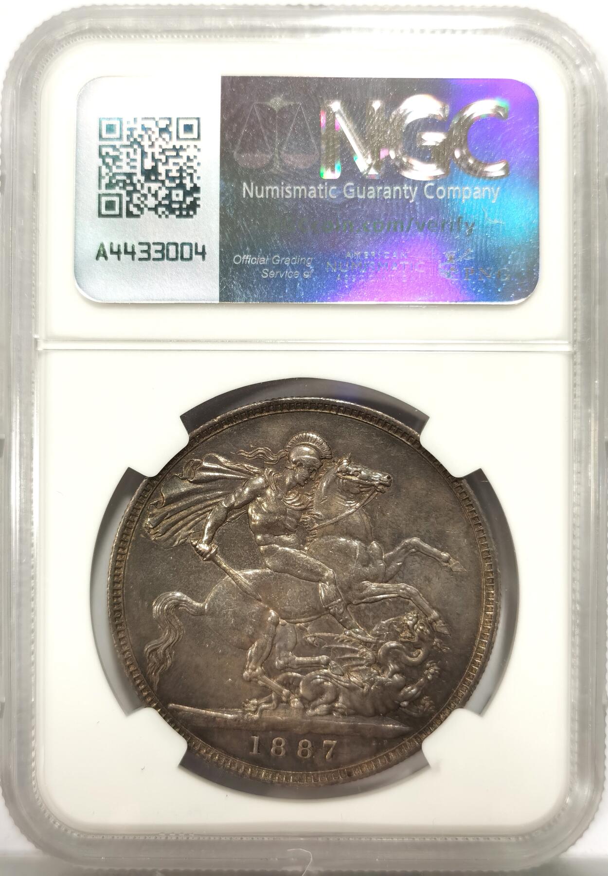 博洋堂世界钱币拍卖第151期（全场包邮） NGC MS61 英国1887年维多利亚高冠版马剑银币 五彩好品 低评