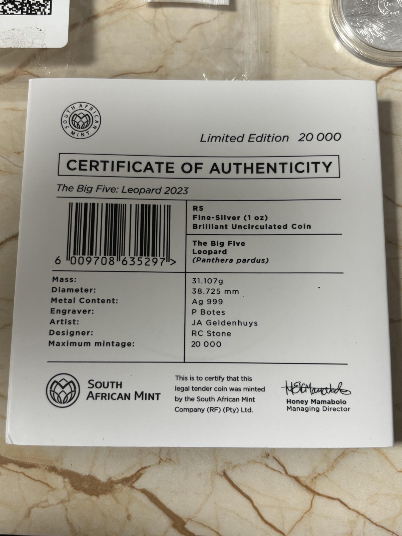 第185期拍卖 卡装南非2023年非洲五霸系列豹子1盎司纪念银币，999银，发行20000枚