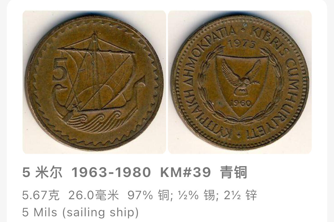 回流1215 塞浦路斯1971年5米尔 古代帆船