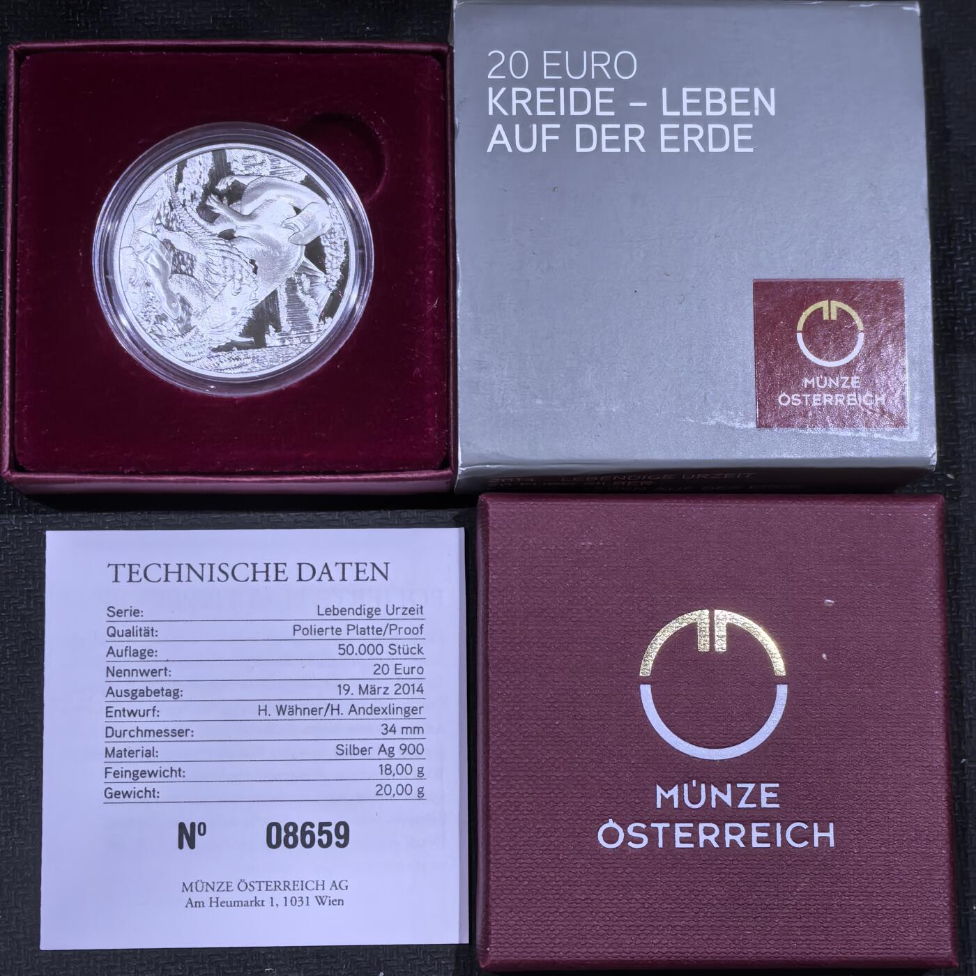 道一币馆币章第一百五十八场 原盒证 奥地利2014年史前生物系列-白垩纪时代20欧元精制银币