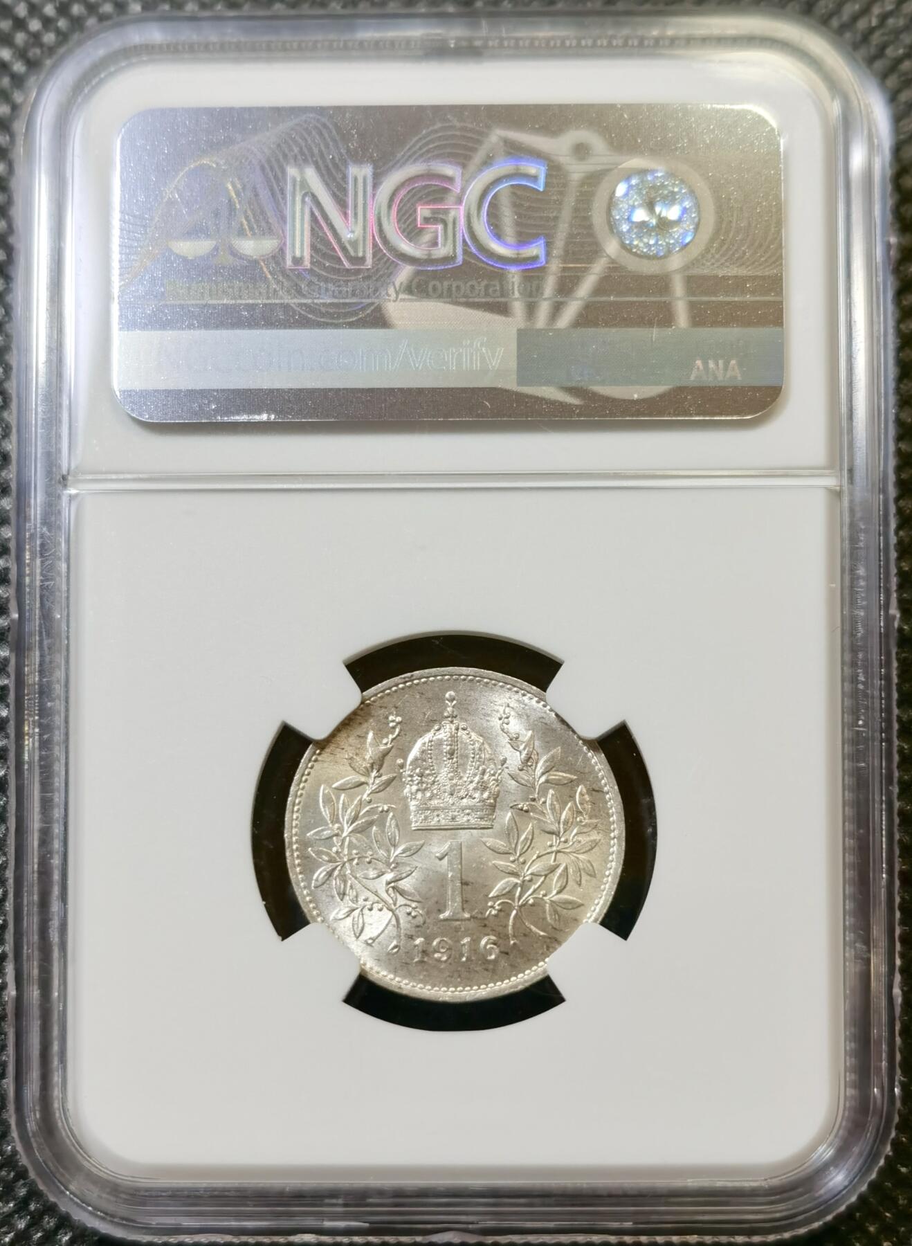 甄臻铺-世界币章拍卖（第43期）送拍享返佣金等优惠多多 NGC-MS63 奥地利1916年1克朗银币 高分车轮转光 弗朗茨约瑟夫一世 皇后是大名鼎鼎的茜茜公主