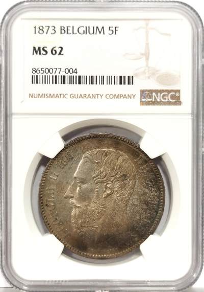 博洋堂世界钱币拍卖第151期（全场包邮） - NGC MS62 比利时1873年利奥波德二世5法郎银币 五彩转光