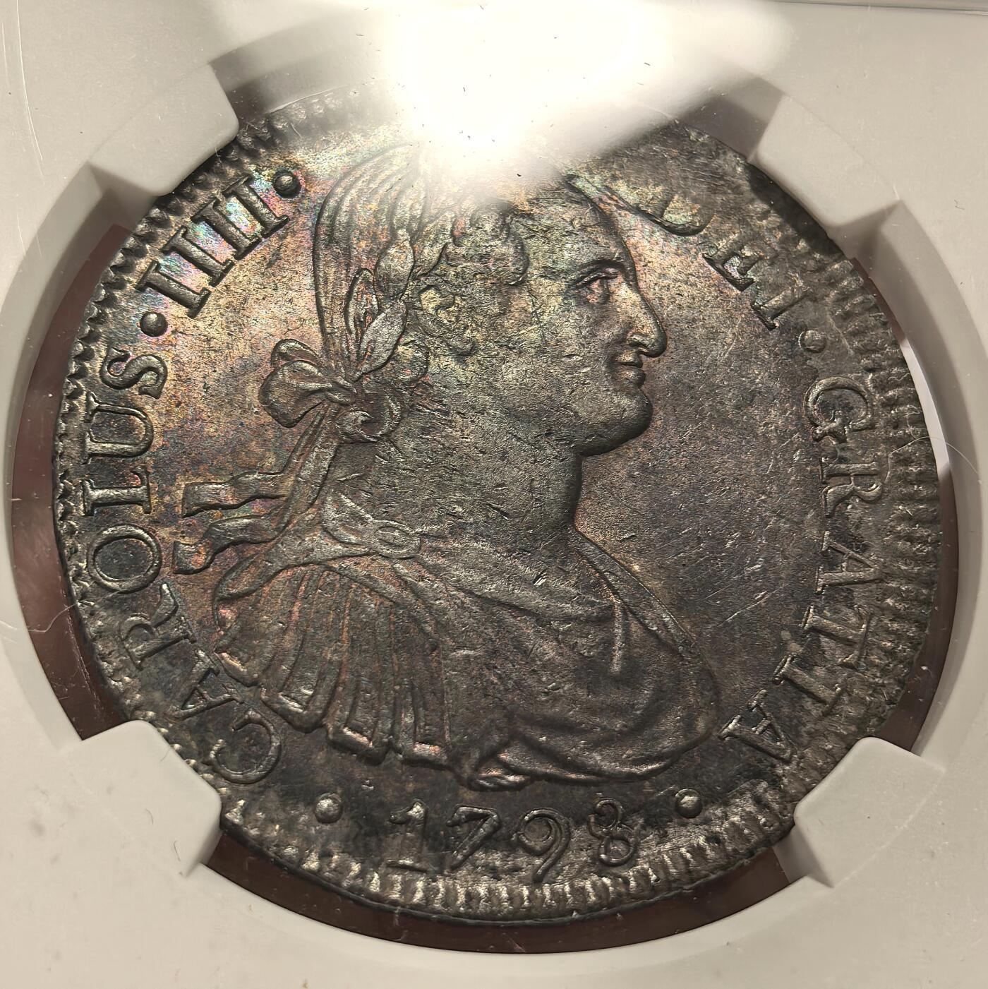 博洋堂世界钱币拍卖第151期（全场包邮） NGC AU 西属墨西哥1798年MO FM卡洛斯四世双柱银币，炫彩包浆