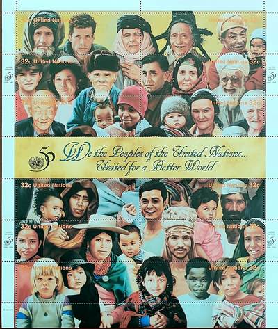 ↓君缘收藏797期☞钱币邮品↓无佣金、可寄存、满30元包邮  联合国三地邮票，1995年联合国（UNO）成立50周年·世界各种族人民邮票版张3全