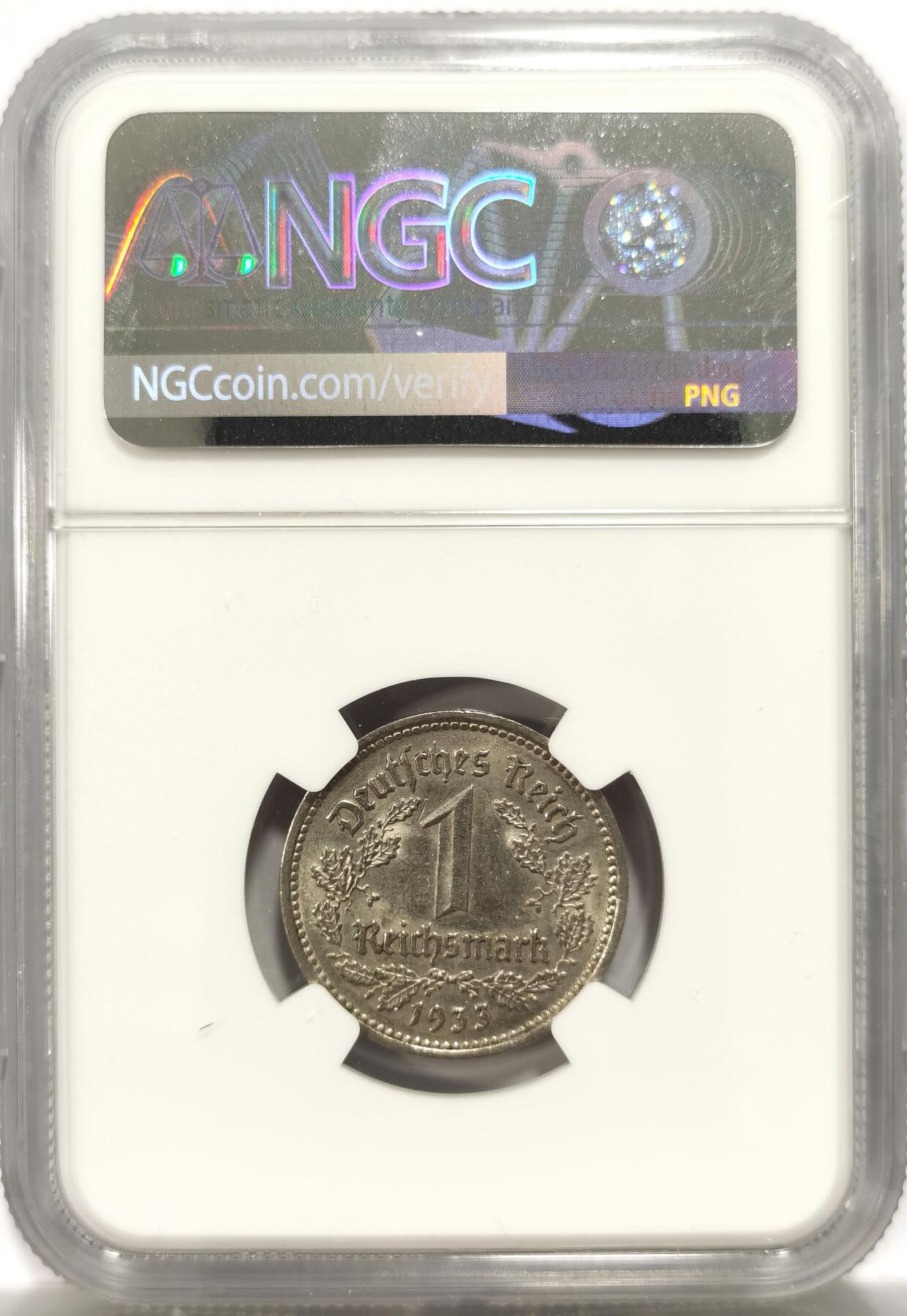 博洋堂世界钱币拍卖第151期（全场包邮） NGC MS63 德国第三帝国1933年D版1马克镍币，流通马克，好品少见，更高分仅7枚。