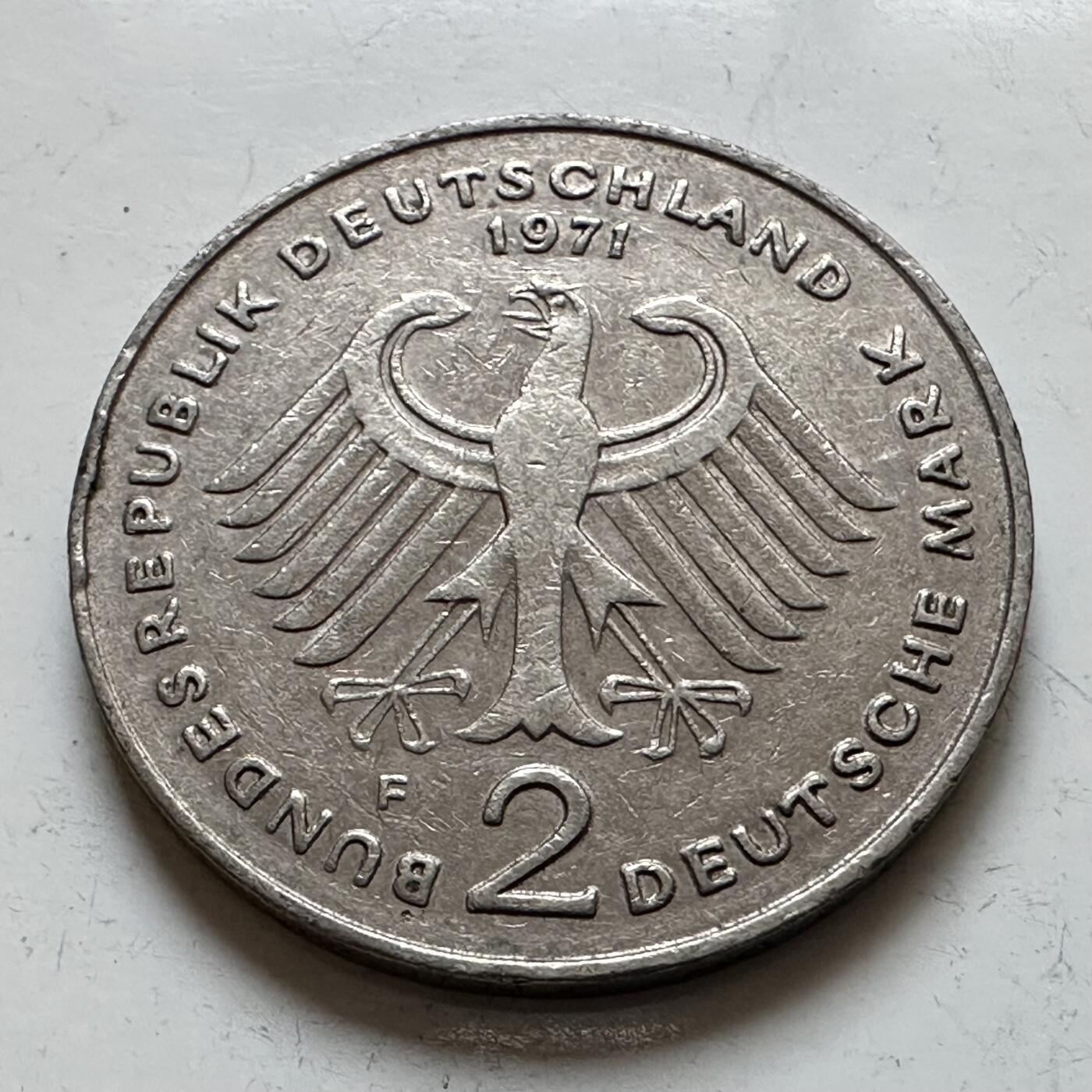 🌹外币初藏🌹🐯2025年第140场  每周二四六晚8️⃣点 接代拍 德国1971年F版 2马克 豪斯
