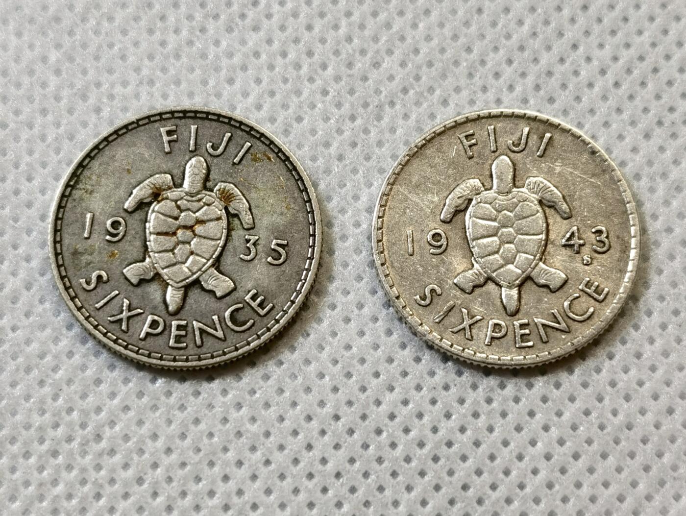 甄臻铺-世界币章拍卖（第43期）送拍享返佣金等优惠多多 斐济1935、1943年海龟6便士银币2枚 乔治五世、乔治六世2个版别