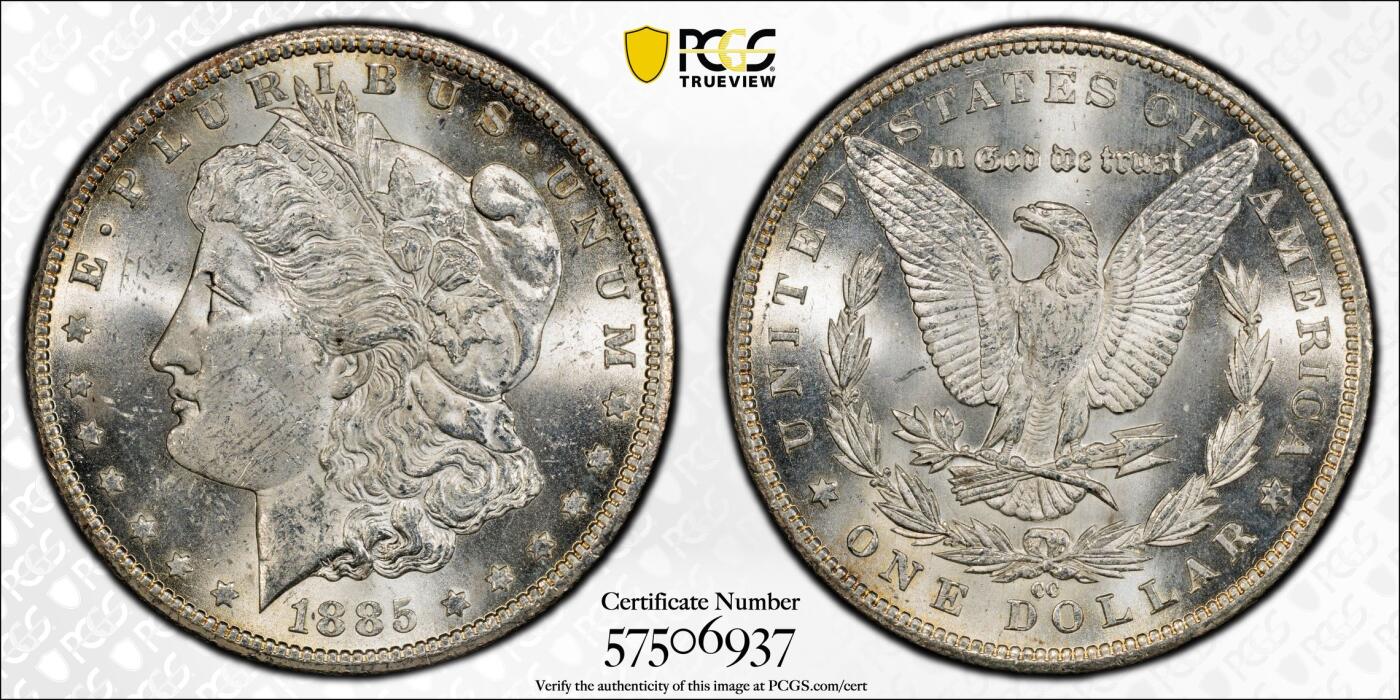 博洋堂藏家专场系列之美国钱币白金之夜专场②暨第152期（全场包邮）  PCGS MS62 美国1885-CC 摩根 发行量仅228,000枚 是卡森城铸币厂所有摩根银元中发行量最低的 评级量仅为其他常见年份的一半以下获得如此高分的更是稀少 双面老包浆 十字转光