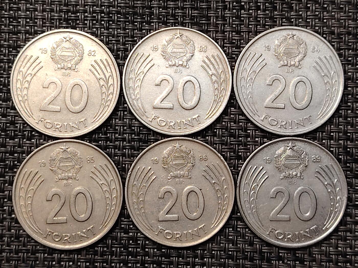布加迪🐬～世界钱币(上海)🌾第 265 期 /  各国套币和散币 匈牙利🇭🇺 1982~1986年,1989年 20福林 6枚～C11 年份收藏者关注