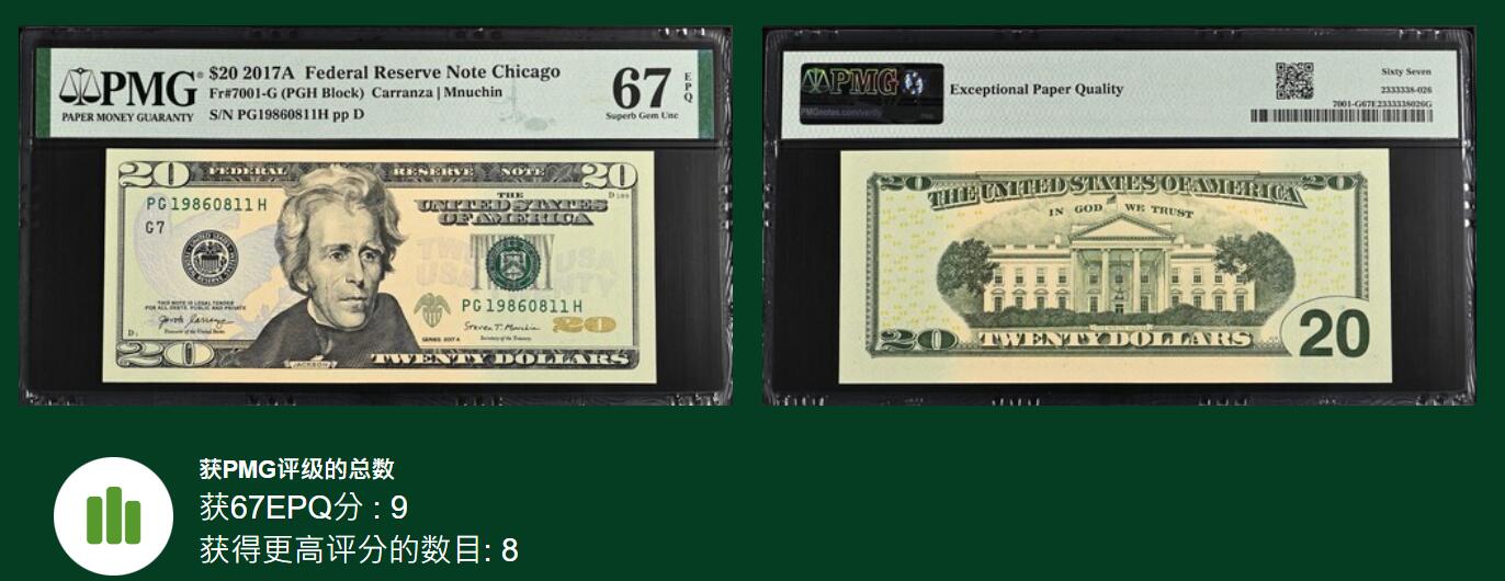 《艾美收藏》第224期-12.14周日外币超白金场 美国2017A彩版20美元PMG67E亚军分倒置号