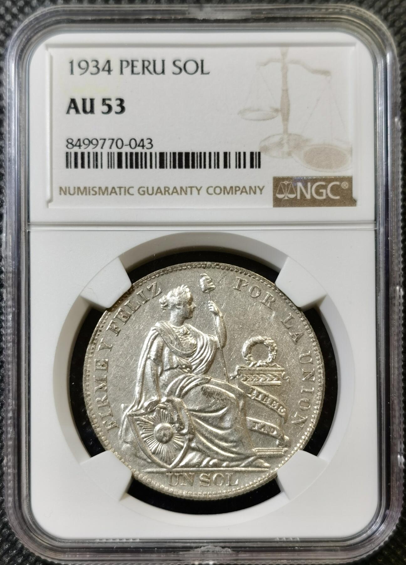甄臻铺-世界币章拍卖（第43期）送拍享返佣金等优惠多多 NGC-AU53 1934年秘鲁索尔，细节很好，疑似低评