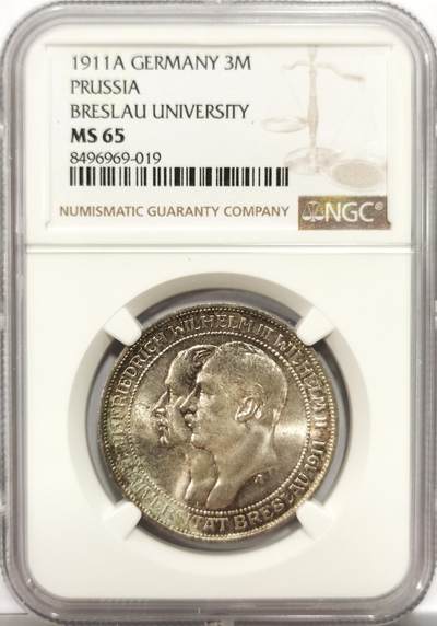 博洋堂世界钱币拍卖第151期（全场包邮） - NGC MS65 德国普鲁士1911年布雷斯劳大学纪念3马克银币 币面干净光感强