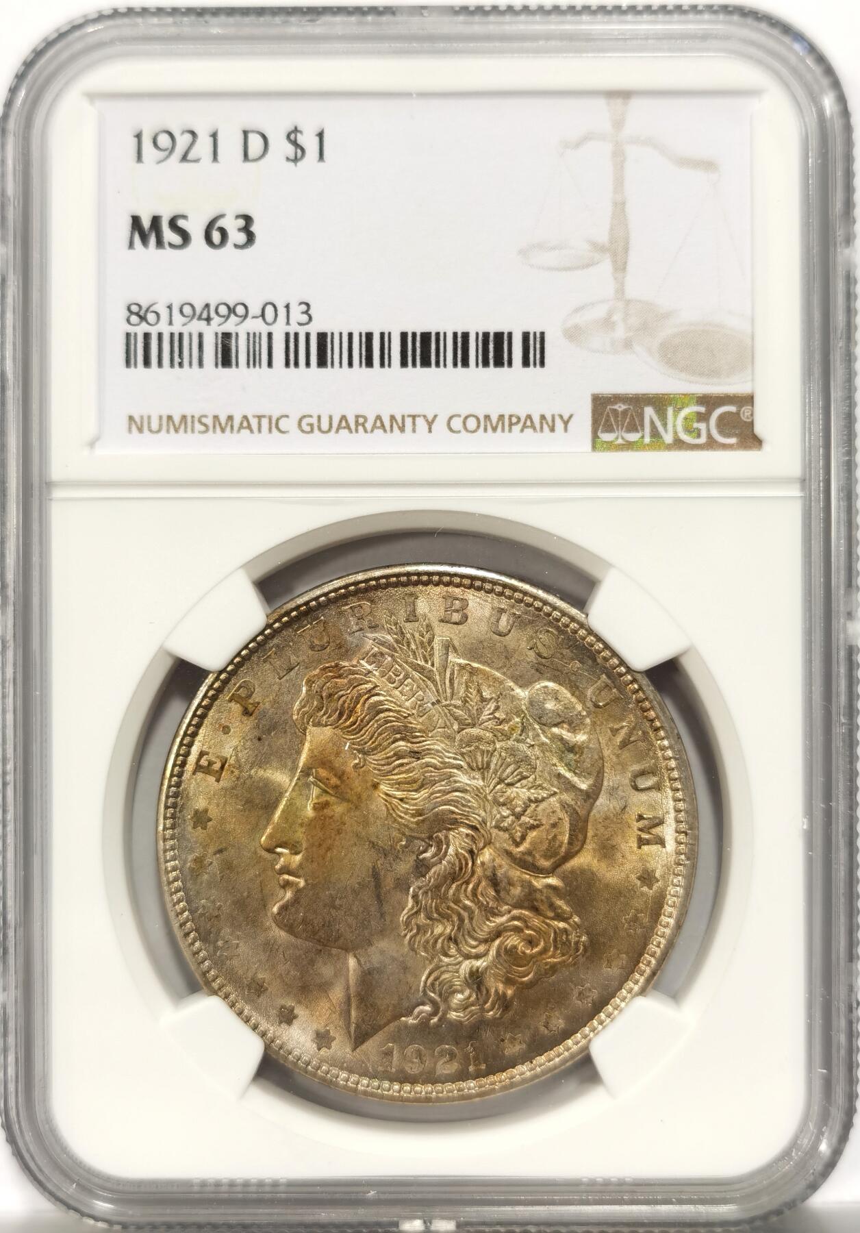 博洋堂世界钱币拍卖第151期（全场包邮） NGC MS63 美国1921年D版摩根银币，少见版别，淡金彩包浆，转光耀眼，好品少见。