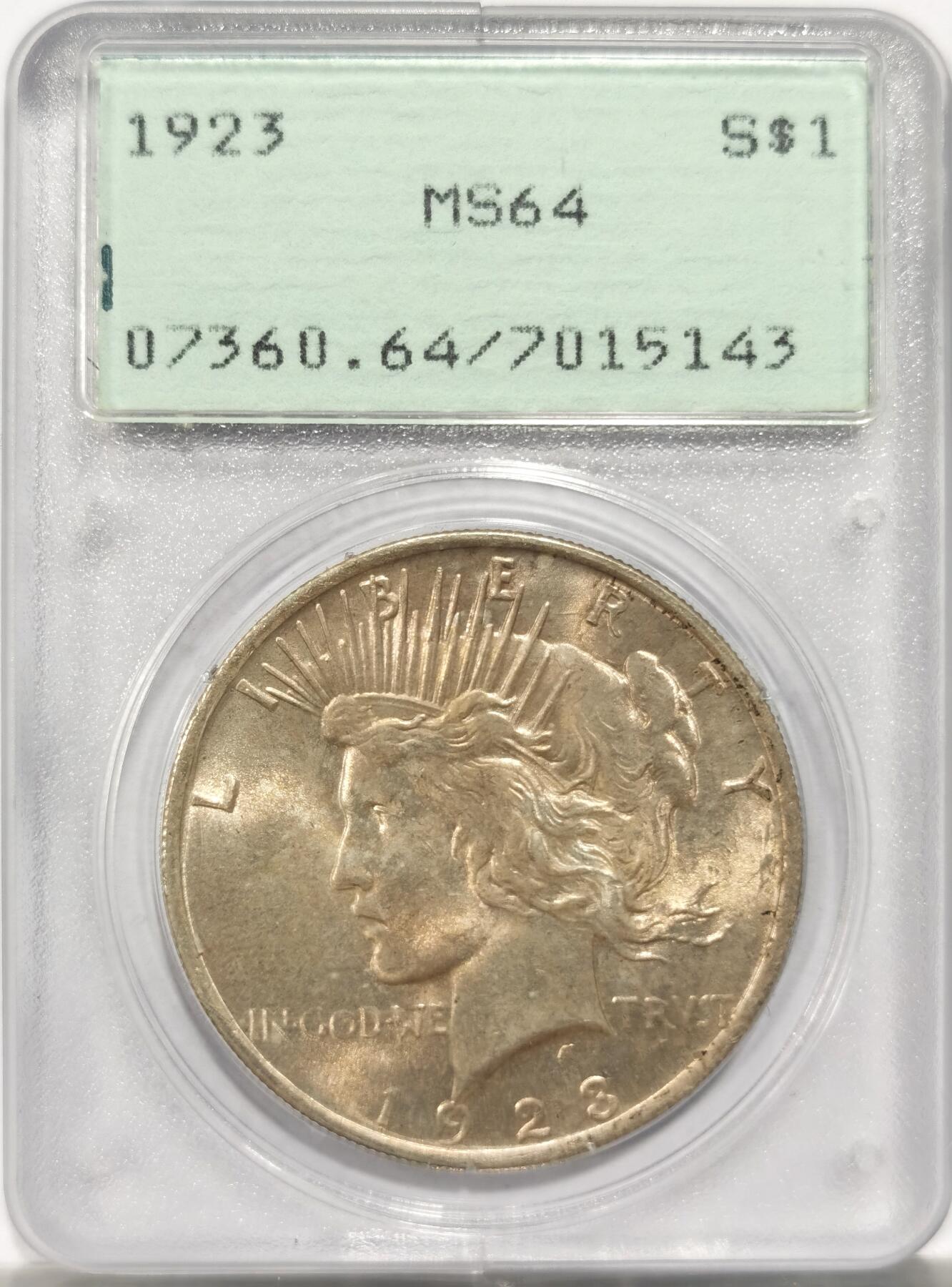 博洋堂世界钱币拍卖第151期（全场包邮） PCGS MS64 美国1923年和平银元 百年银元FGH，经典一代盒。稀有的rattler，摇起来嘎嘎响的摇摇乐，掌握技巧后，可以随意改变钱币方向，乐趣十足。顶级车轮原银霜光，高分好状态。品质保证，收藏佳品。