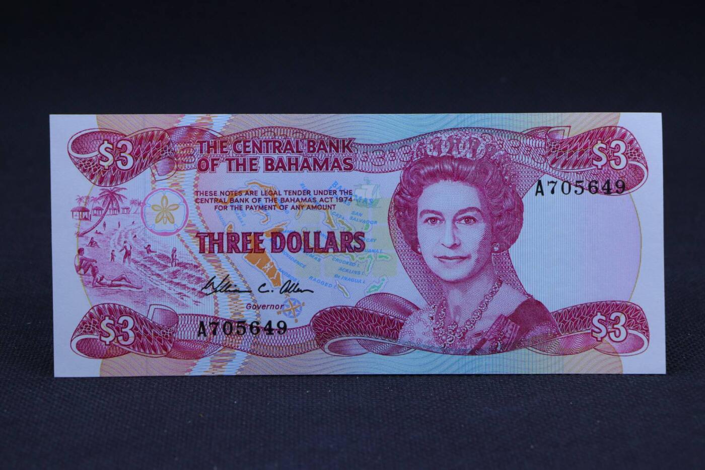 【淘币小摊】限时拍第八百二十八拍  纸币场  满百包邮可预留两周  周一统一发货    巴哈马1974年3元纸币