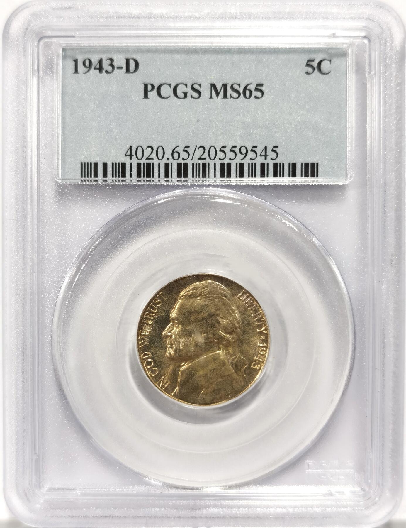 博洋堂世界钱币拍卖第151期（全场包邮） PCGS MS65 美国1943年杰佛逊5分D厂银币