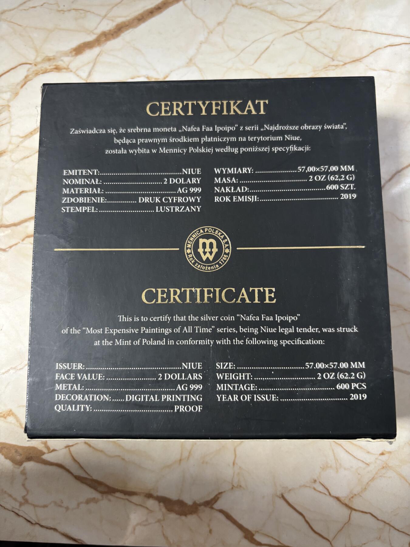 第185期拍卖 纽埃2019最昂贵的名画系列大溪地妇女2盎司纪念银币，999银，发行600枚